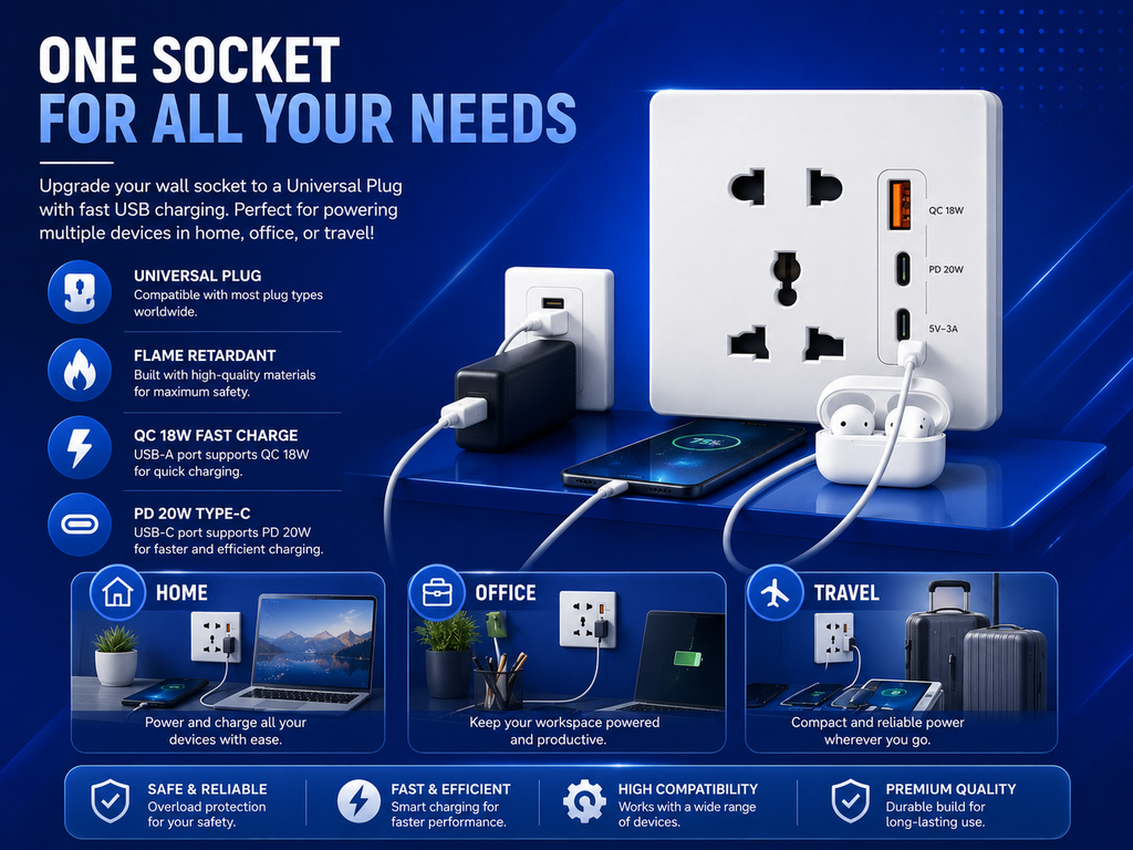 Smart Universal Wall Power Socket with USB & Type-C Ports