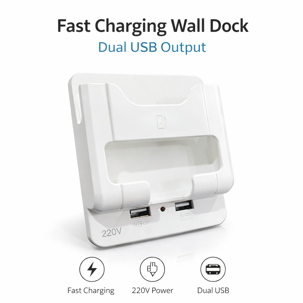 Universal Fast Charging Wall Dock with Dual USB Ports & Built-in Device Holder